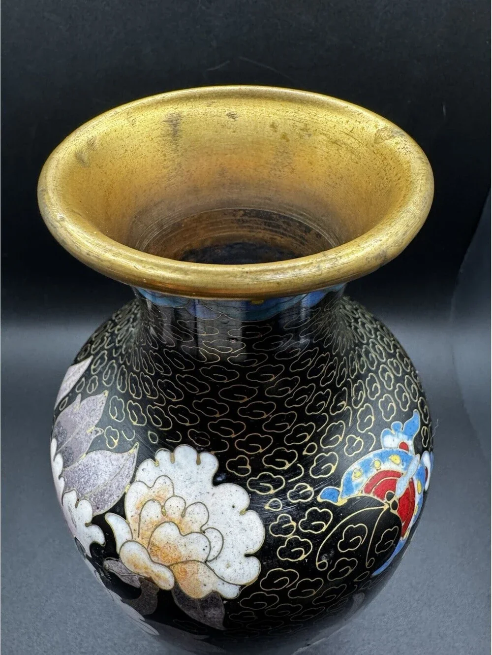 Vintage Brass And Cloisonne Vase China - 8” Flowers Butterfly - Pink & Yellow